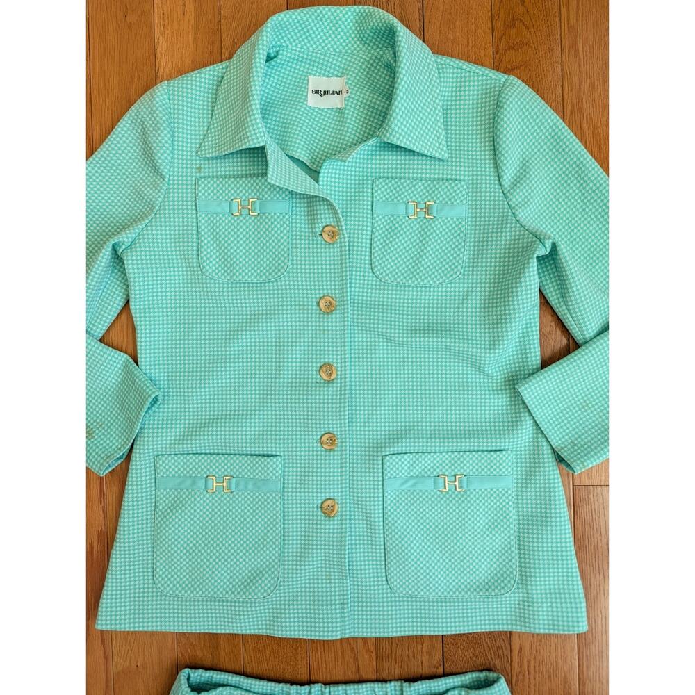 Vintage 1970s Sir Julian Farah Puppytooth Mint Green White Pant Suit 14
